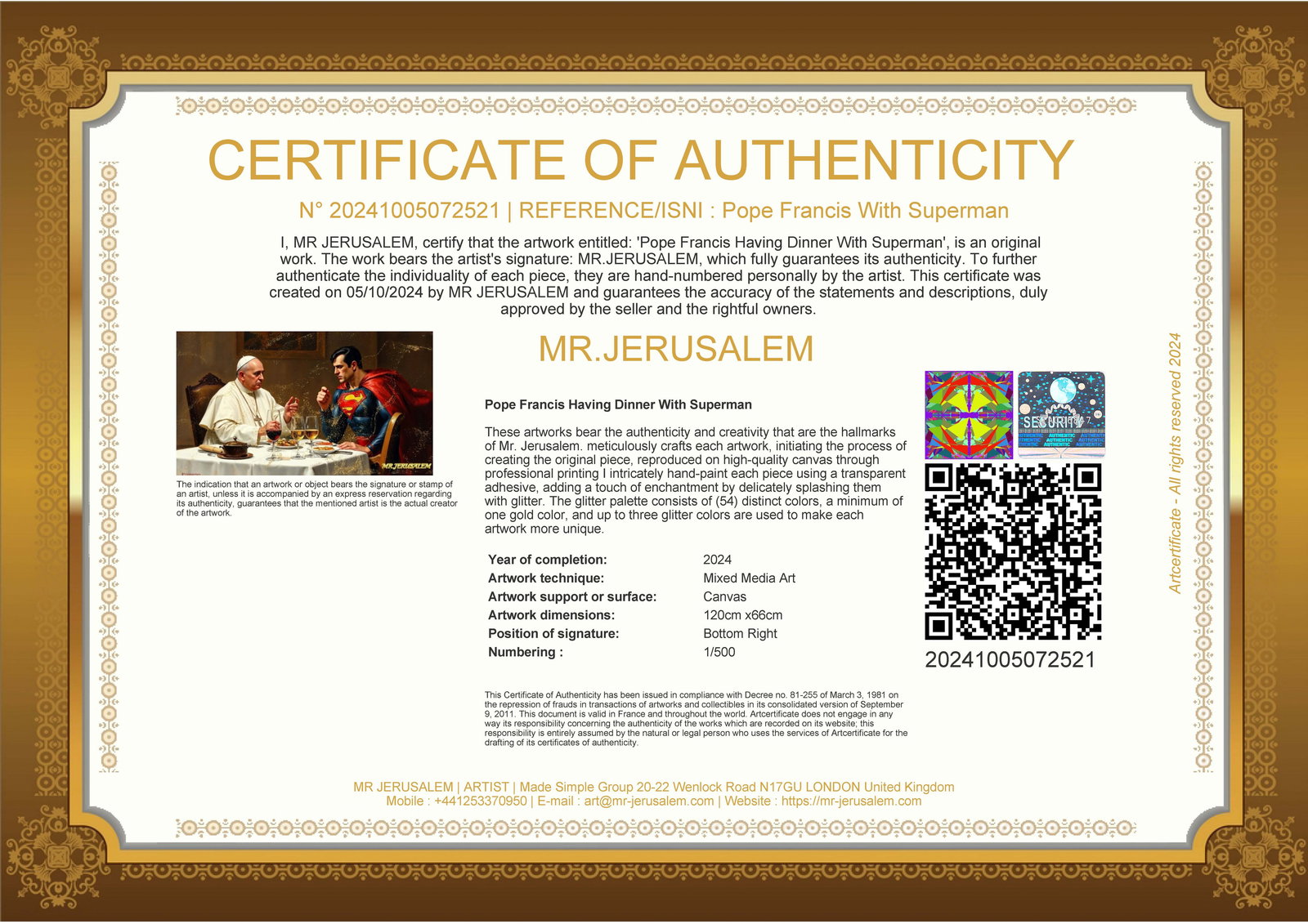 Pope Francis- Dinner With Superman, Mixed Media, Limited Edition of 50 Pieces, Signed & Numbered, - 3