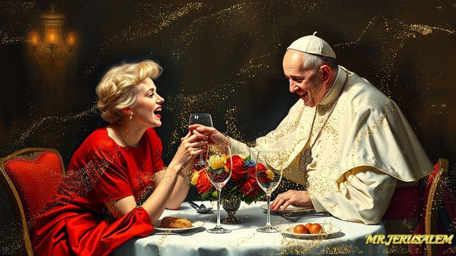 Pope Francis - Dinner With Marilyn Monroe-D1, Limited Edition of 50 Pieces, Signed & Numbered: Please note the images you see here for the artworks is protected with artist name in gold & gold glitter watermark. The original artworks will be unique and one-of-a-kind, hand painted with glue