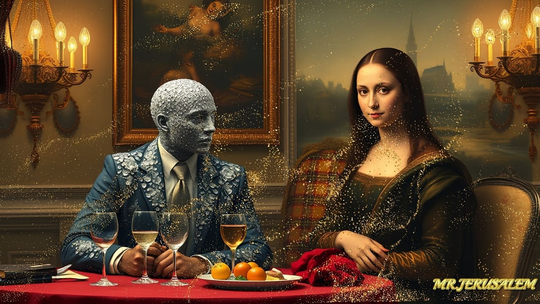 Diamond Man - Dinner With Mona Lisa-D2, Limited Edition of 50 Pieces, Signed & Numbered: Please note the images you see here for the artworks is protected with artist name in gold & gold glitter watermark. The original artworks will be unique and one-of-a-kind, hand painted with glue 