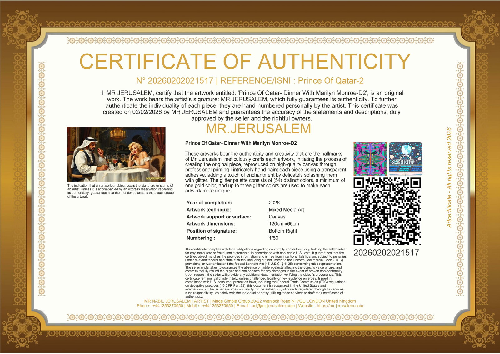 Prince Of Qatar - Dinner With Marliyn Monroe-D2, Limited Edition of 50 Pieces, Signed & Numbered - 3