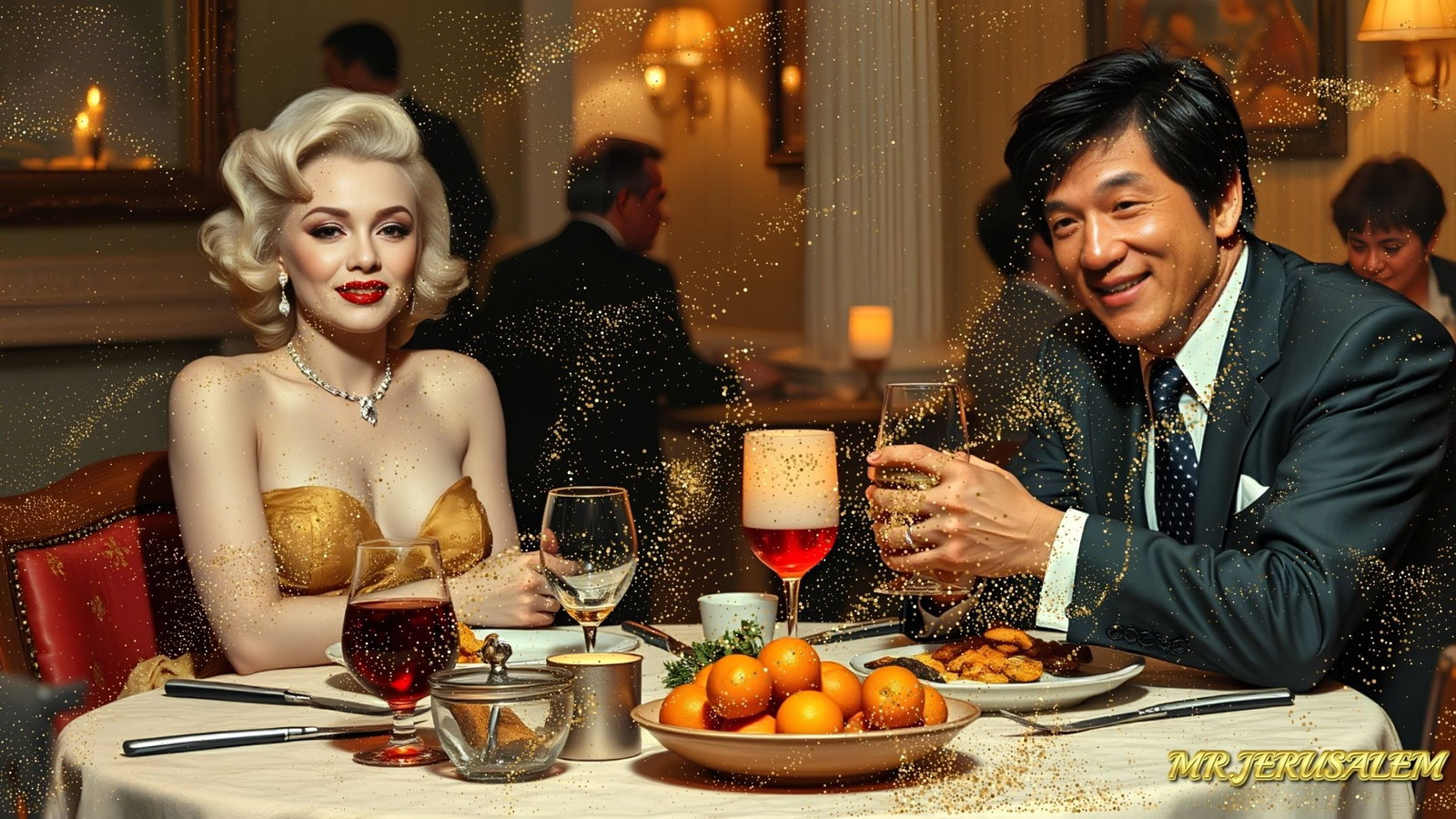 Jackie Chan - Dinner With Marilyn Monroe-D2, Limited Edition of 50 Pieces,Signed & Numbered: Please note the images you see here for the artworks is protected with artist name in gold & gold glitter watermark. The original artworks will be unique and one-of-a-kind, hand painted with glue 