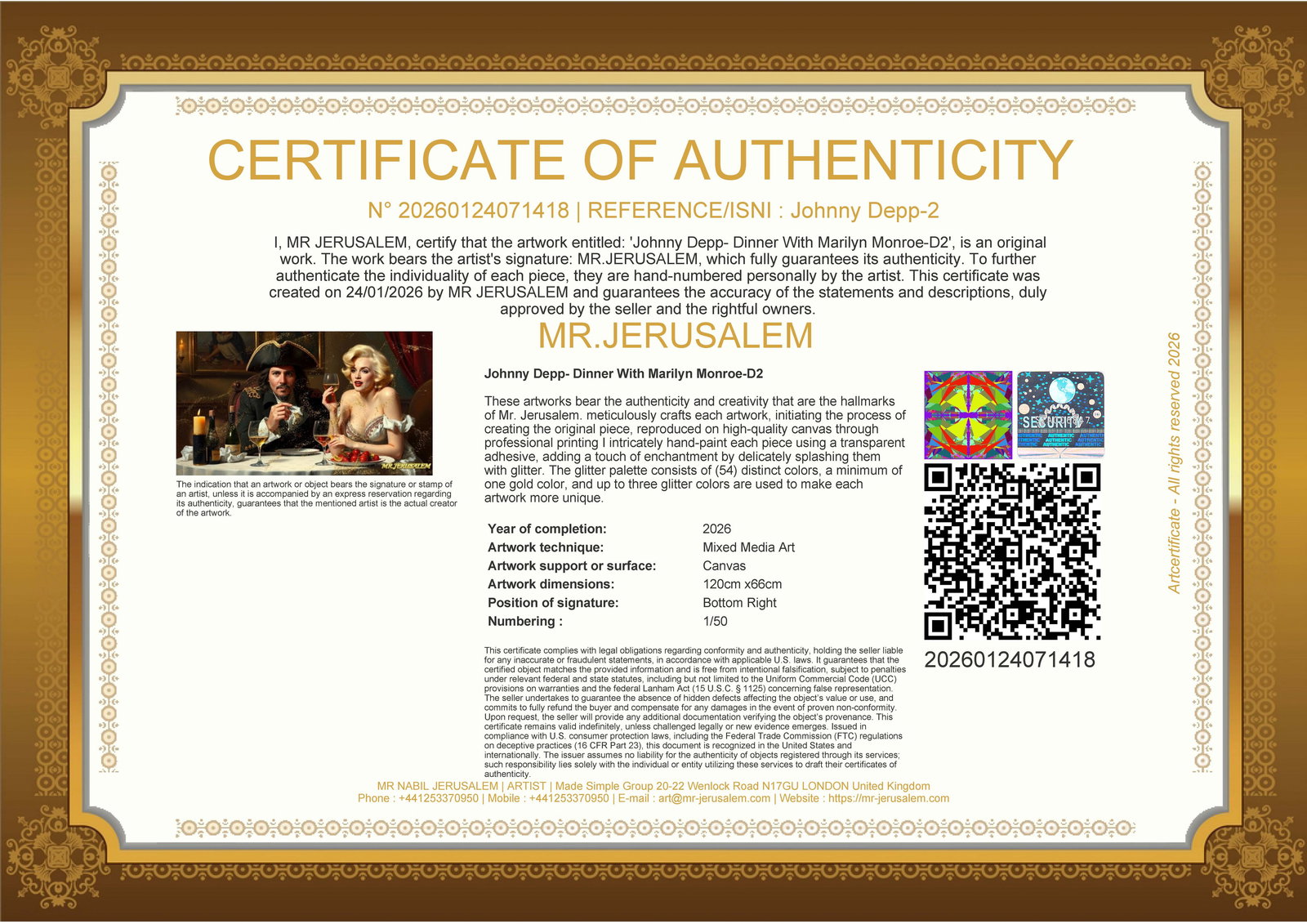 Johnny Depp - Dinner With Marilyn Monroe-D2, Limited Edition of 50 Pieces, Signed & Numbered - 3