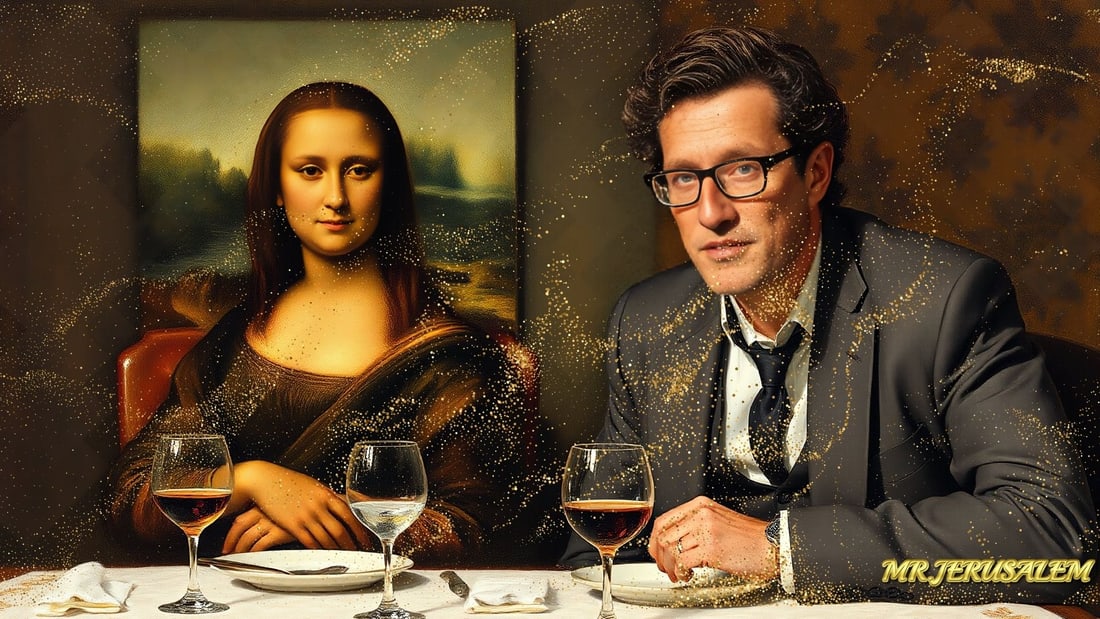 Richard Quest - Dinner With Mona Lisa-D1, Limited Edition of 50 Pieces, Signed & Numbered: Please note the images you see here for the artworks is protected with artist name in gold & gold glitter watermark. The original artworks will be unique and one-of-a-kind, hand painted with glue