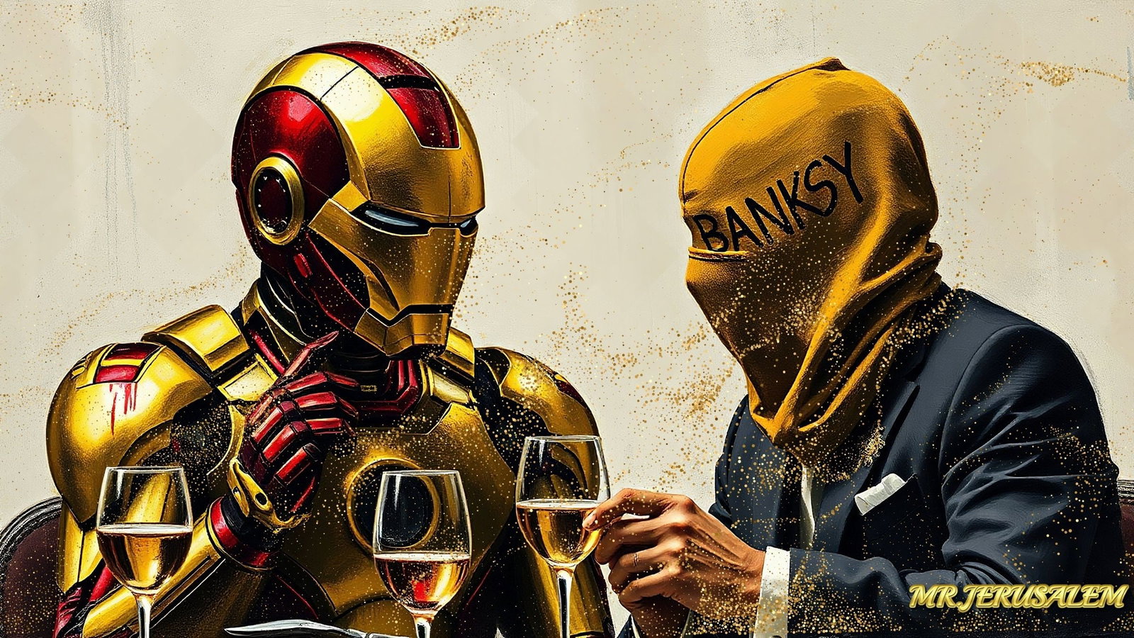 Banksy Dinner With Ironman-D2, Canvas Mixed Media, Limited Edition of 50 Pieces: Please note the images you see here for the artworks is protected with artist name in gold & gold glitter watermark. The original artworks will be unique and one-of-a-kind, hand painted with glue