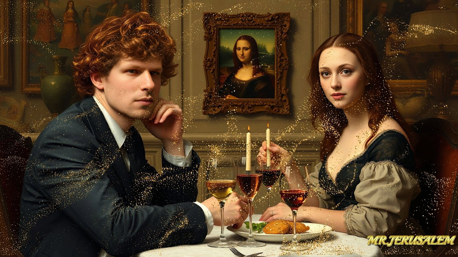 Jesse Eisenberg - Dinner With Mona Lisa-D1, Limited Edition of 50 Pieces, Signed & Numbered: Please note the images you see here for the artworks is protected with artist name in gold & gold glitter watermark. The original artworks will be unique and one-of-a-kind, hand painted with glue