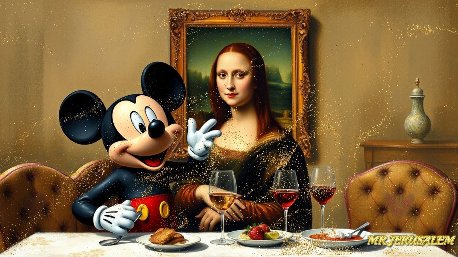 Mickey Mouse - Dinner With Mona Lisa-D1, Limited Edition of 50 Pieces, Signed & Numbered: Please note the images you see here for the artworks is protected with artist name in gold & gold glitter watermark. The original artworks will be unique and one-of-a-kind, hand painted with glue