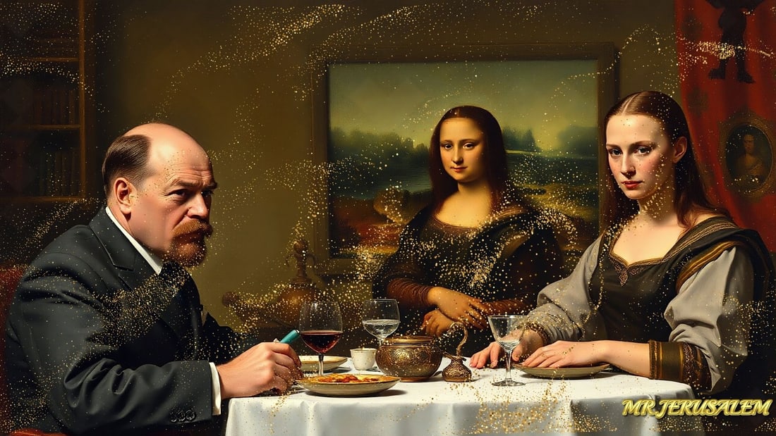 Vladimir Lenin - Dinner With Mona Lisa-D2, Limited Edition of 50 Pieces, Signed & Numbered: Please note the images you see here for the artworks is protected with artist name in gold & gold glitter watermark. The original artworks will be unique and one-of-a-kind, hand painted with glue 