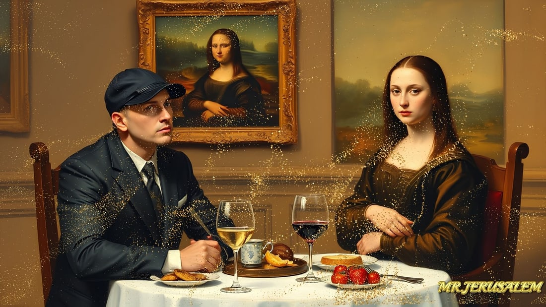 Eminem - Dinner With Mona Lisa-D1, Limited Edition of 50 Pieces, Signed & Numbered: Please note the images you see here for the artworks is protected with artist name in gold & gold glitter watermark. The original artworks will be unique and one-of-a-kind, hand painted with glue