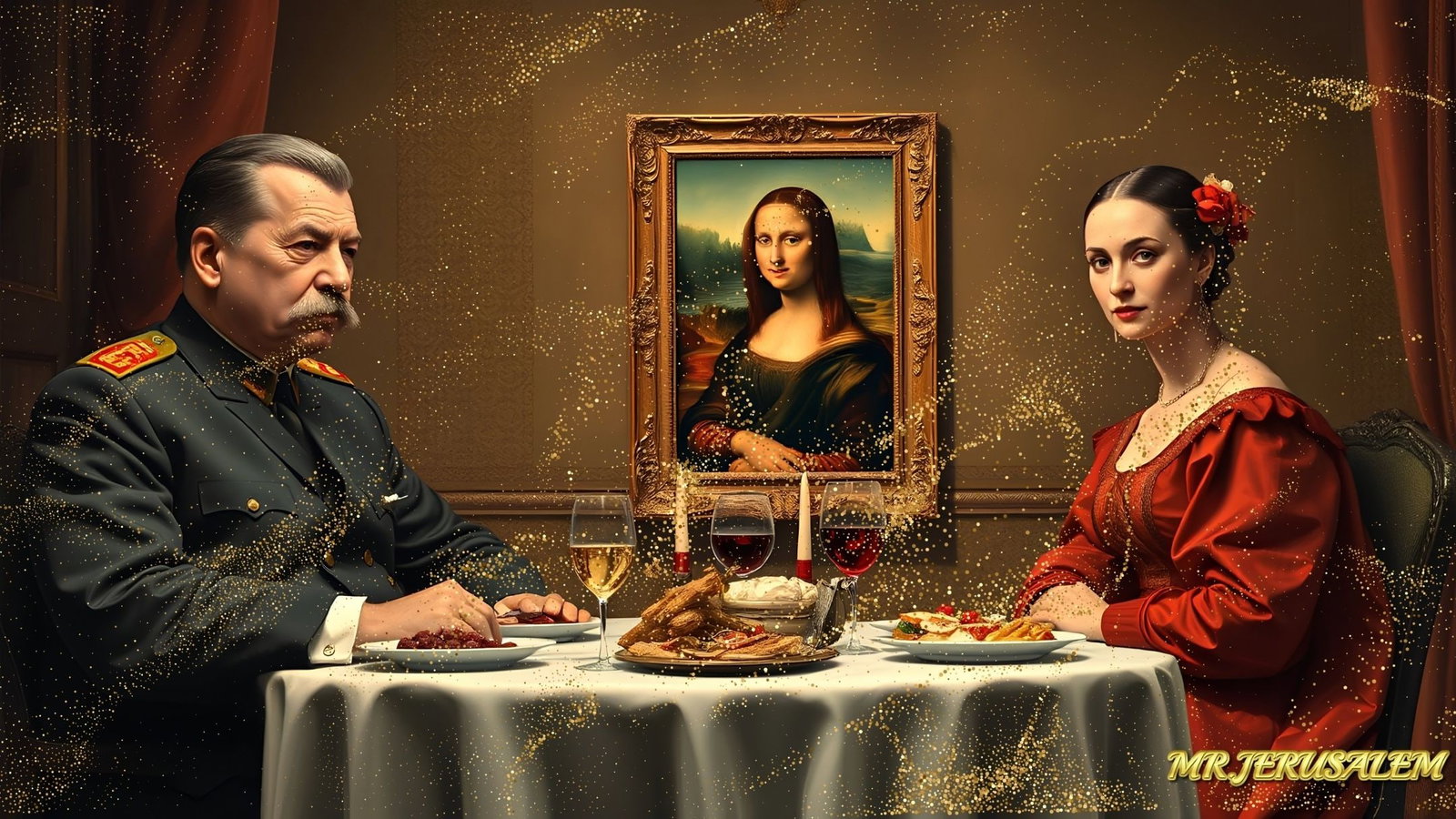 Joseph Stalin - Dinner With Mona Lisa-D2, Limited Edition of 50 Pieces, Signed & Numbered: Please note the images you see here for the artworks is protected with artist name in gold & gold glitter watermark. The original artworks will be unique and one-of-a-kind, hand painted with glue 