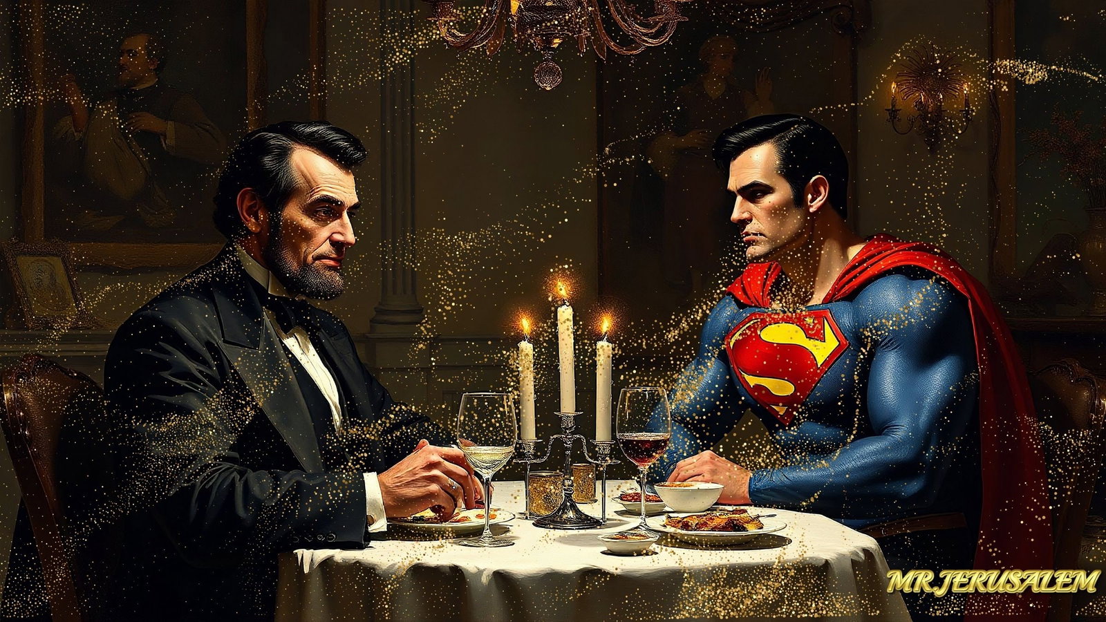 Abraham Lincoln Dinner With Superman, Canvas Mixed Media, Limited Edition of 50 Pieces: Please note the images you see here for the artworks is protected with artist name in gold & gold glitter watermark. The original artworks will be unique and one-of-a-kind, hand painted with glue