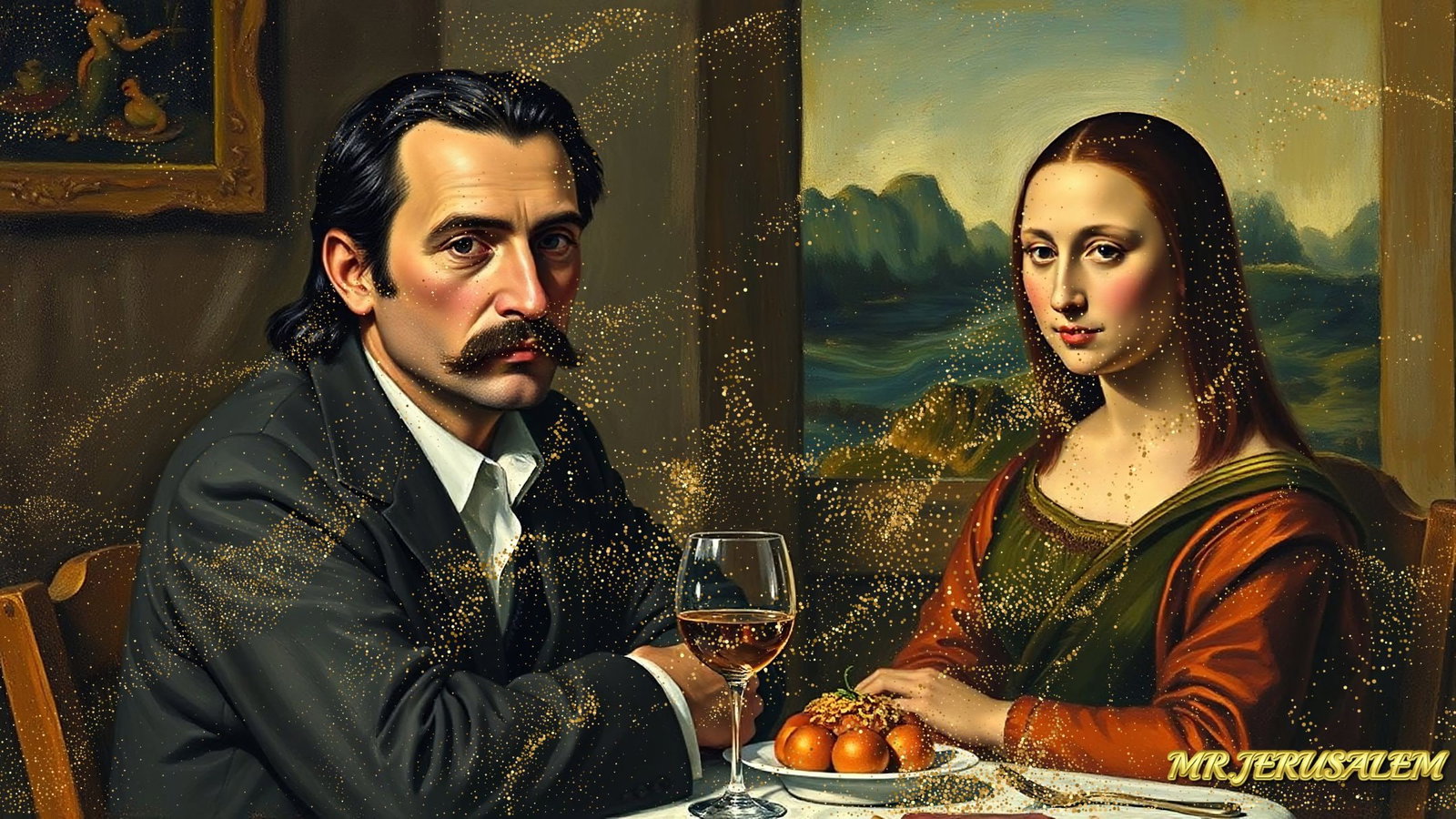 Paul Gauguin - Dinner With Mona Lisa-D1, Limited Edition of 50 Pieces, Signed & Numbered: Please note the images you see here for the artworks is protected with artist name in gold & gold glitter watermark. The original artworks will be unique and one-of-a-kind, hand painted with glue