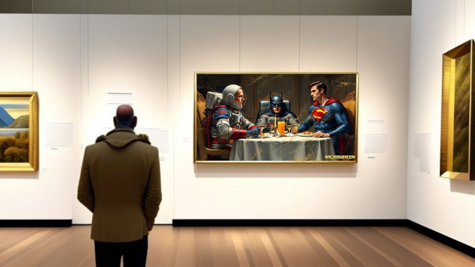 Astronaut Dinner With Superman & Batman, on Canvas Mixed Media, Limited Edition of 50 Pieces - 2