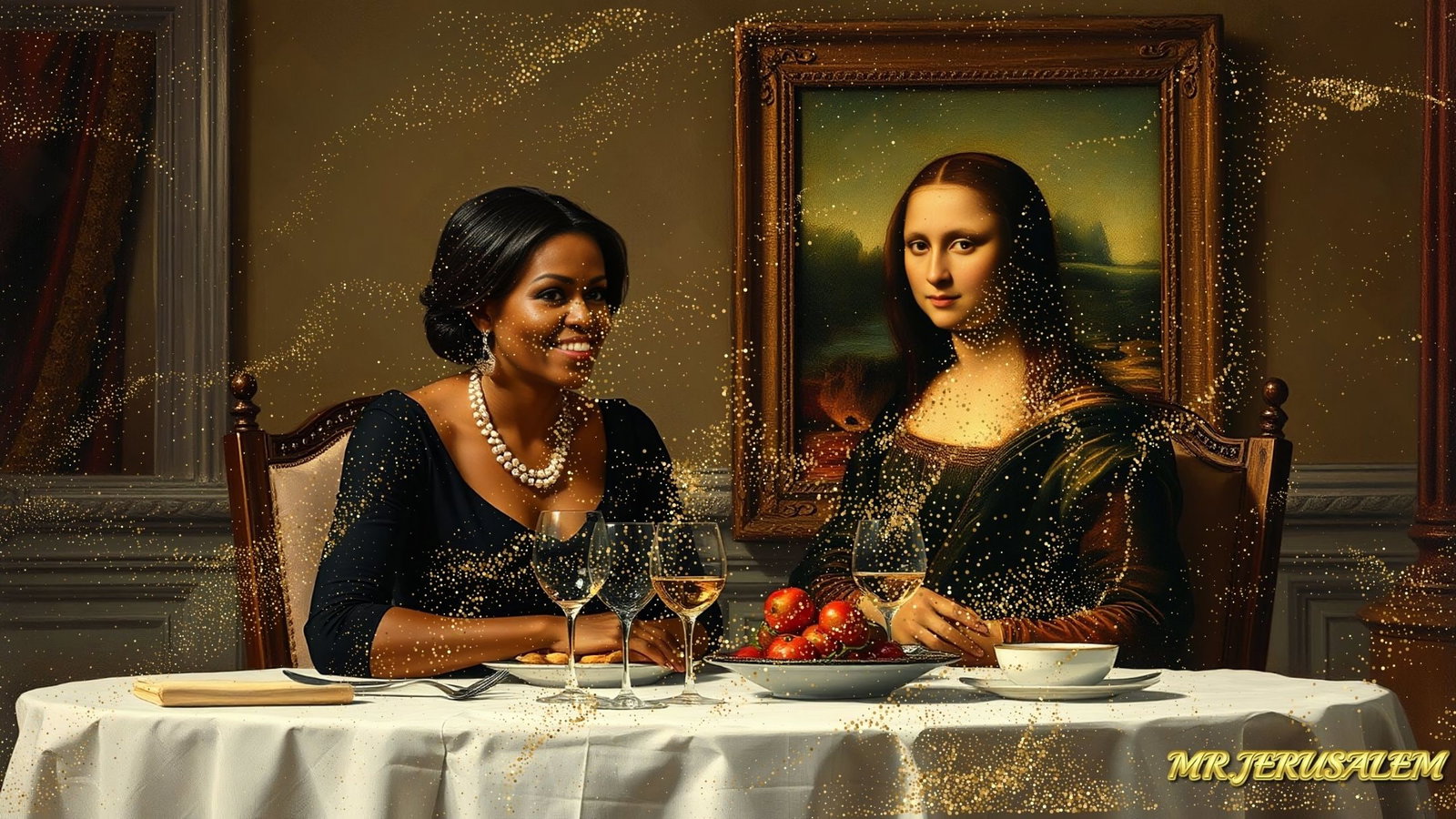 Michelle Obama - Dinner With Mona Lisa-D1, Limited Edition of 50 Pieces, Signed & Numbered: Please note the images you see here for the artworks is protected with artist name in gold & gold glitter watermark. The original artworks will be unique and one-of-a-kind, hand painted with glue