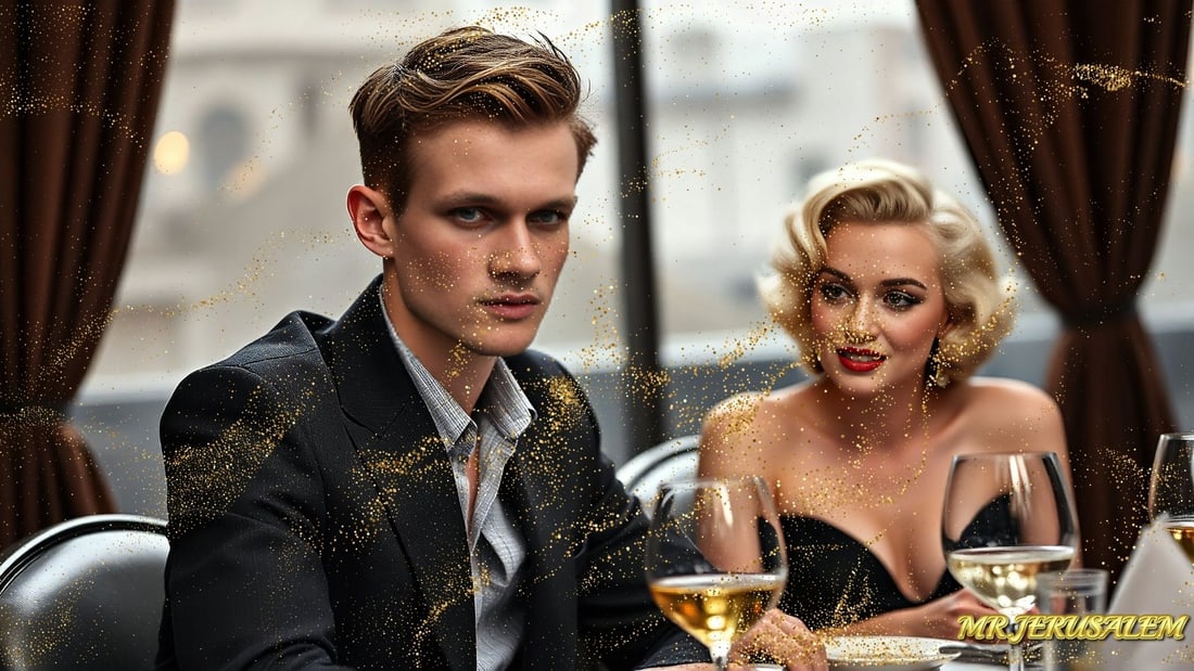 Vitalik Buterin - Dinner With Marliyn Monroe-D2, Limited Edition of 50 Pieces, Signed & Numbered: Please note the images you see here for the artworks is protected with artist name in gold & gold glitter watermark. The original artworks will be unique and one-of-a-kind, hand painted with glue