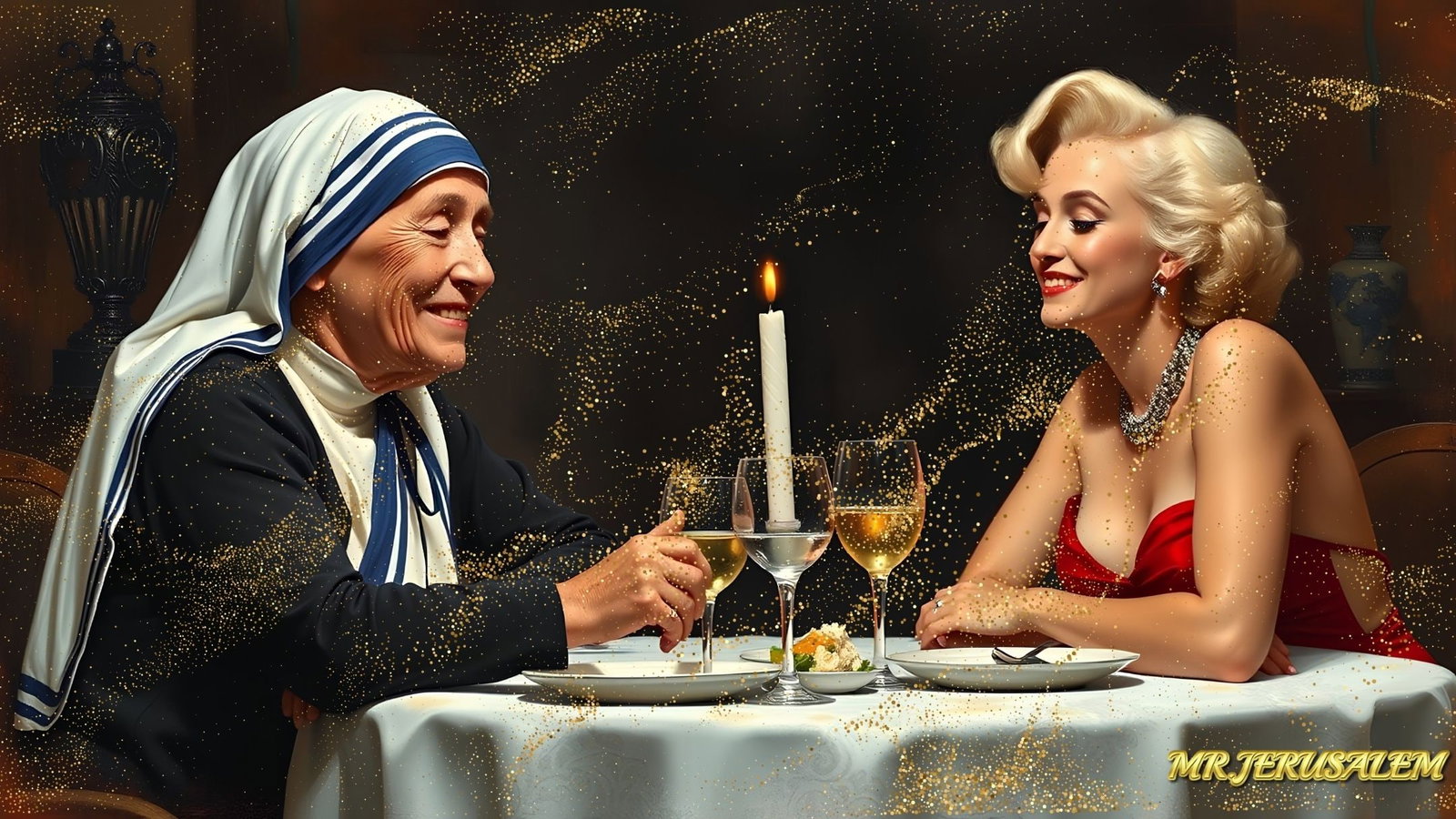 Mother Teresa - Dinner With Marilyn Monroe-D1, Limited Edition of 50 Pieces, Signed & Numbered: Please note the images you see here for the artworks is protected with artist name in gold & gold glitter watermark. The original artworks will be unique and one-of-a-kind, hand painted with glue