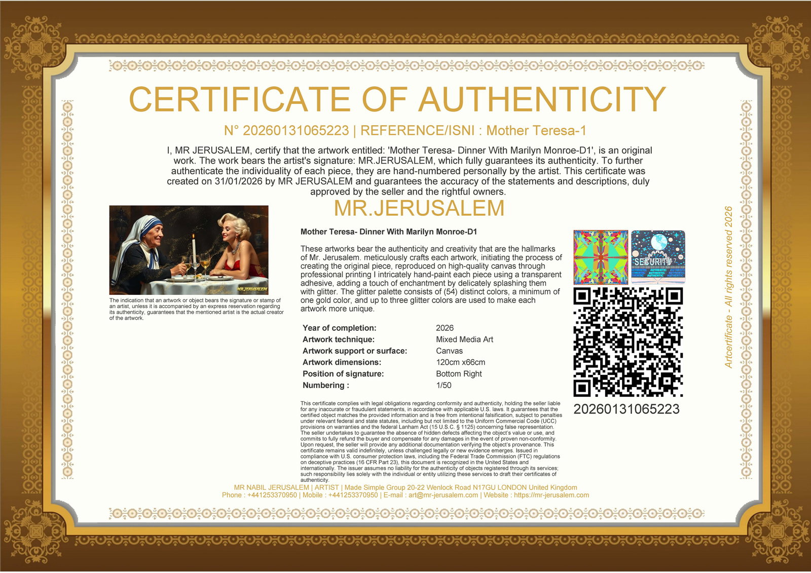 Mother Teresa - Dinner With Marilyn Monroe-D1, Limited Edition of 50 Pieces, Signed & Numbered - 3