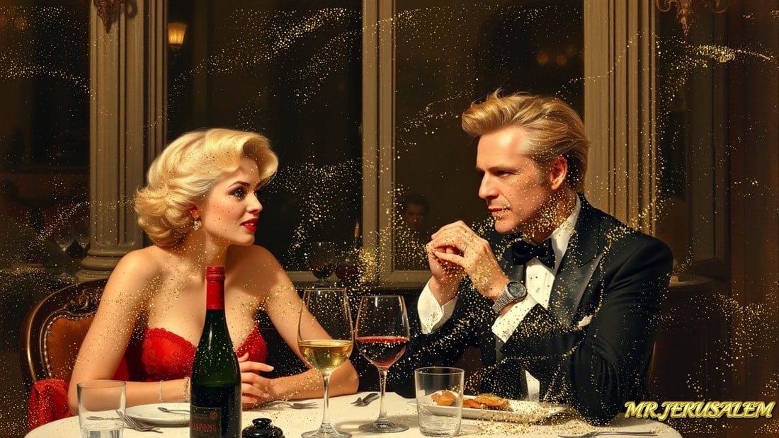 Sting - Dinner With Marliyn Monroe-D1, Limited Edition of 50 Pieces, Signed & Numbered: Please note the images you see here for the artworks is protected with artist name in gold & gold glitter watermark. The original artworks will be unique and one-of-a-kind, hand painted with glue