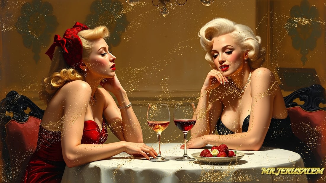 Christina Aguilera - Dinner With Marilyn Monroe-D1, Limited Edition of 50 Pieces, Signed & Numbered: Please note the images you see here for the artworks is protected with artist name in gold & gold glitter watermark. The original artworks will be unique and one-of-a-kind, hand painted with glue 