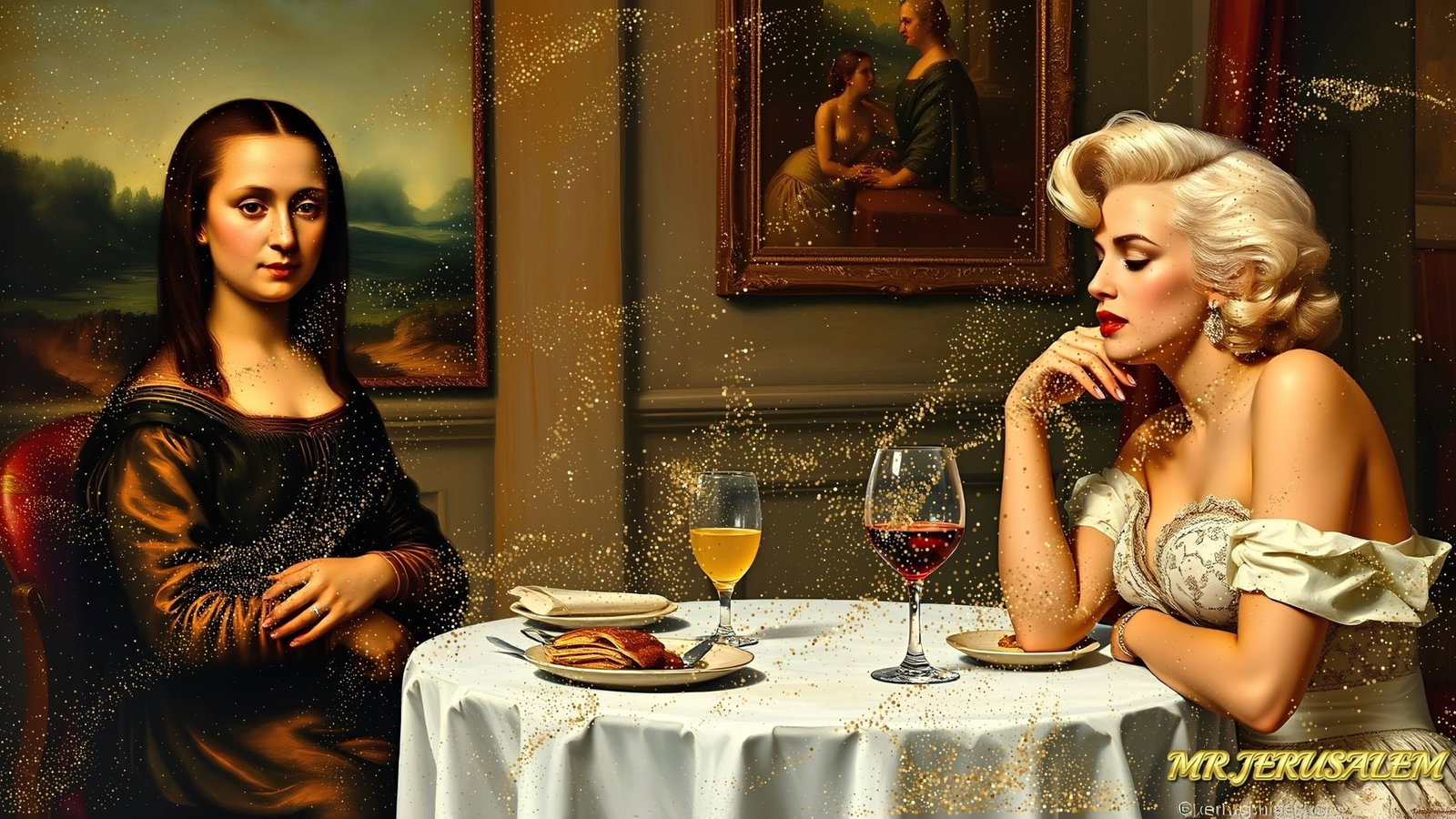 Mona Lisa - Dinner With Marilyn Monroe-D2, Limited Edition of 50 Pieces, Signed & Numbered: Please note the images you see here for the artworks is protected with artist name in gold & gold glitter watermark. The original artworks will be unique and one-of-a-kind, hand painted with glue
