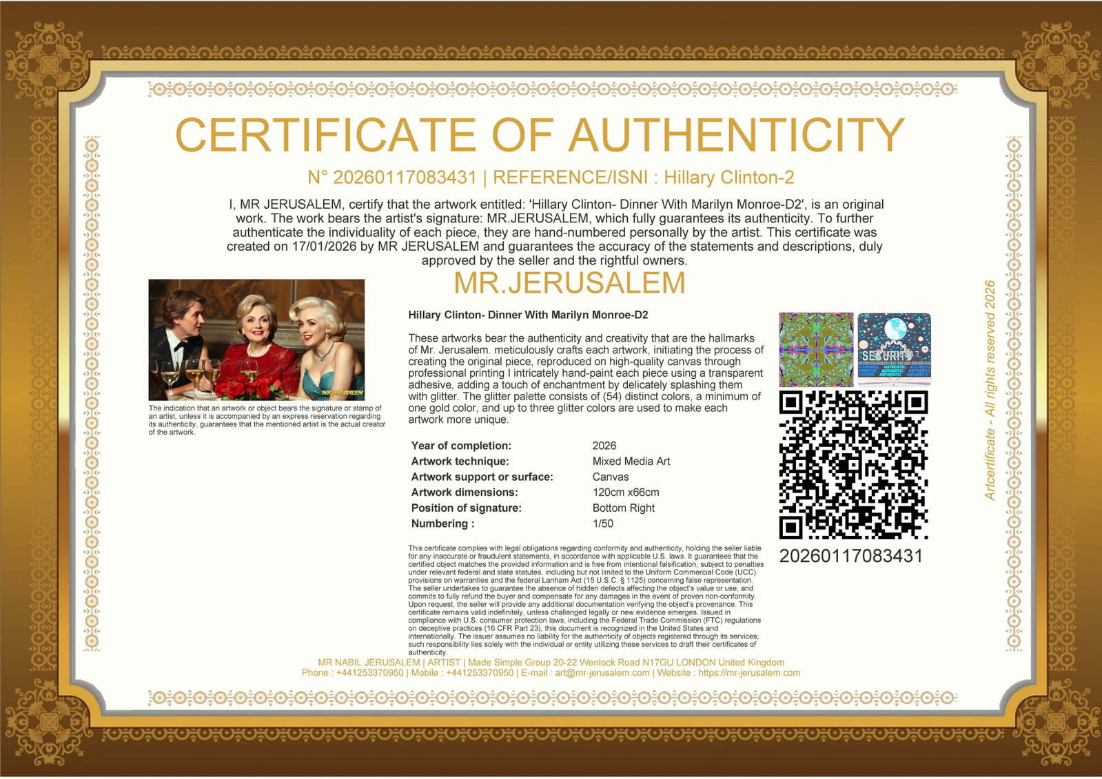 Hillary Clinton - Dinner With Marilyn Monroe-D2, Limited Edition of 50 Pieces,, Signed & Numbered - 3