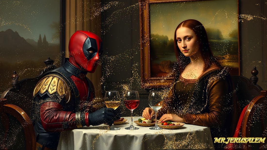 Deadpool - Dinner With Mona Lisa-D1, Limited Edition of 50 Pieces, Signed & Numbered: Please note the images you see here for the artworks is protected with artist name in gold & gold glitter watermark. The original artworks will be unique and one-of-a-kind, hand painted with glue 