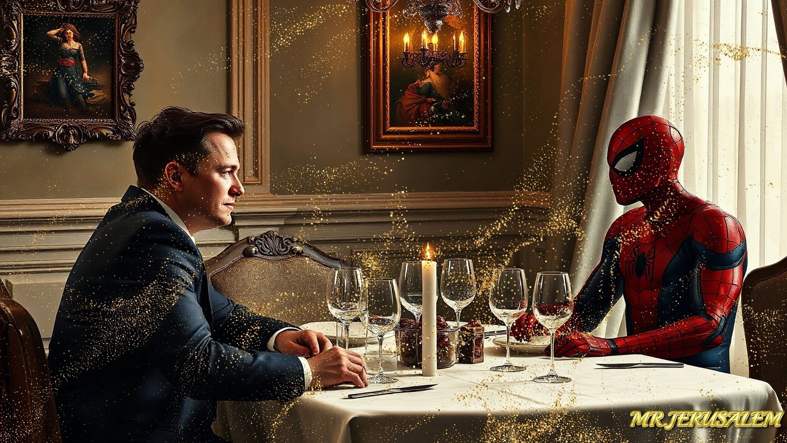 Elon Musk Dinner With Spiderman, Canvas Mixed Media, Limited Edition of 50 Pieces: Please note the images you see here for the artworks is protected with artist name in gold & gold glitter watermark. The original artworks will be unique and one-of-a-kind, hand painted with glue