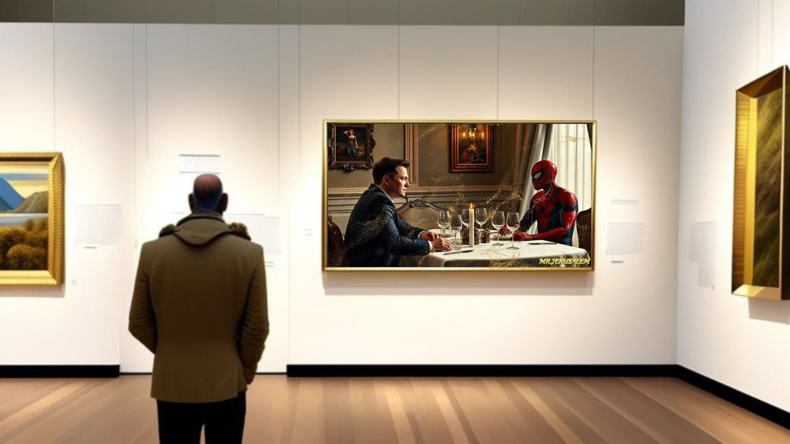 Elon Musk Dinner With Spiderman, Canvas Mixed Media, Limited Edition of 50 Pieces - 2