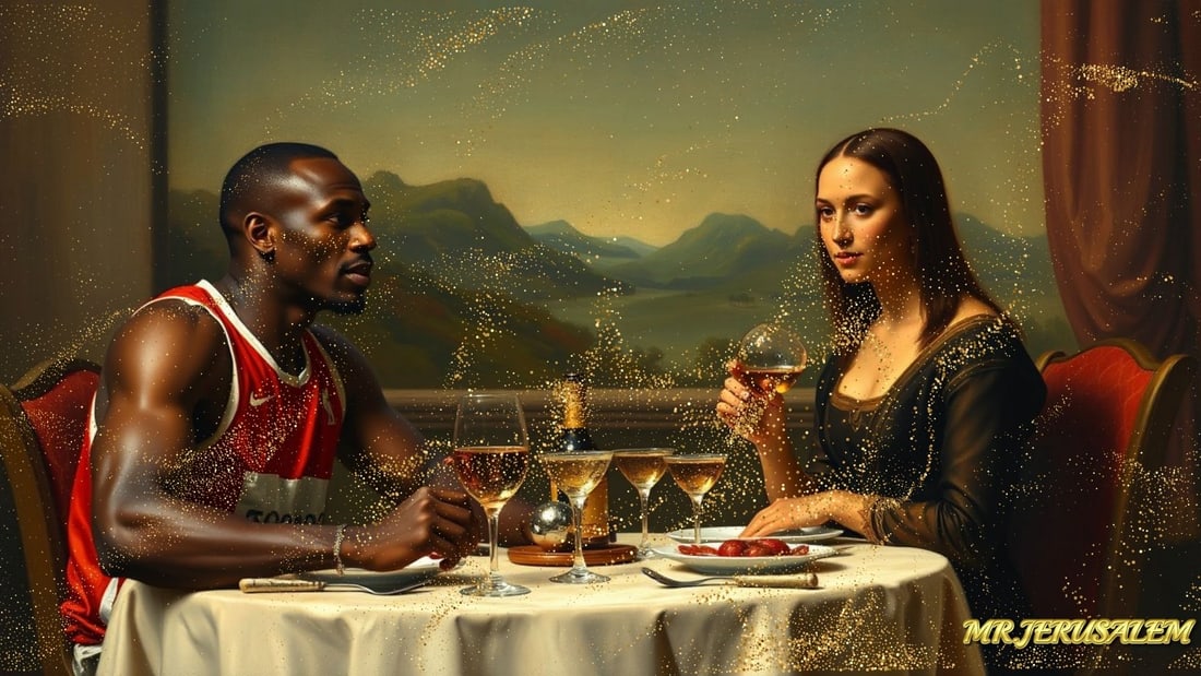 Usain Bolt - Dinner With Mona Lisa-D1, Limited Edition of 50 Pieces, Signed & Numbered: Please note the images you see here for the artworks is protected with artist name in gold & gold glitter watermark. The original artworks will be unique and one-of-a-kind, hand painted with glue
