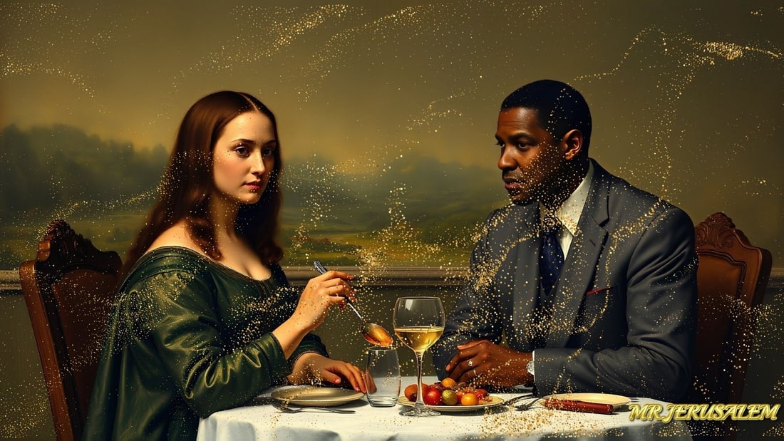 Denzel Washington - Dinner With Mona Lisa-D2, Limited Edition of 50 Pieces, Signed & Numbered: Please note the images you see here for the artworks is protected with artist name in gold & gold glitter watermark. The original artworks will be unique and one-of-a-kind, hand painted with glue