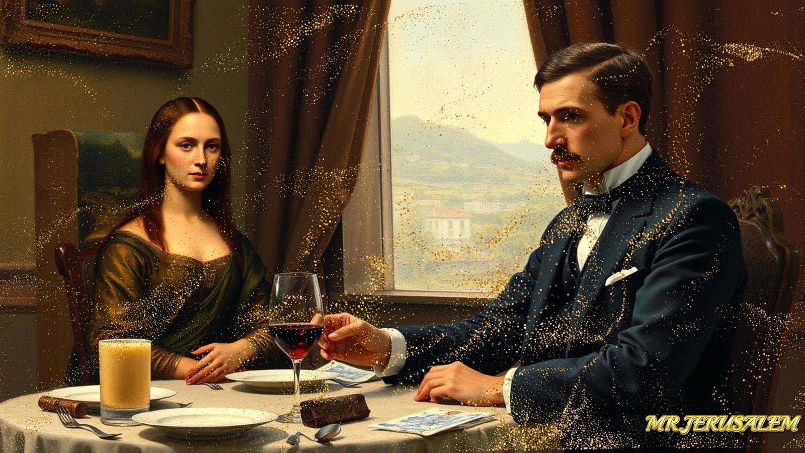 Nikola Tesla - Dinner With Mona Lisa-D2, Limited Edition of 50 Pieces, Signed & Numbered: Please note the images you see here for the artworks is protected with artist name in gold & gold glitter watermark. The original artworks will be unique and one-of-a-kind, hand painted with glue