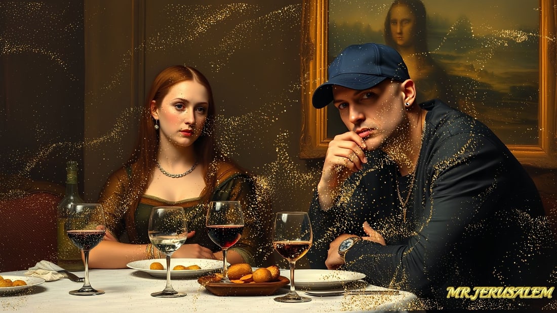 Eminem - Dinner With Mona Lisa-D2, Limited Edition of 50 Pieces, Signed & Numbered: Please note the images you see here for the artworks is protected with artist name in gold & gold glitter watermark. The original artworks will be unique and one-of-a-kind, hand painted with glue