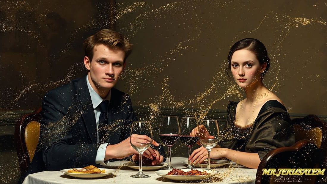 Vitalik Buterin - Dinner With Mona Lisa-D2, Limited Edition of 50 Pieces, Signed & Numbered: Please note the images you see here for the artworks is protected with artist name in gold & gold glitter watermark. The original artworks will be unique and one-of-a-kind, hand painted with glue