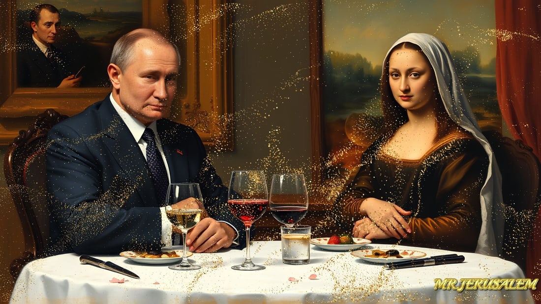 Vladimir Putin - Dinner With Mona Lisa-D1, Limited Edition of 50 Pieces, Signed & Numbered: Please note the images you see here for the artworks is protected with artist name in gold & gold glitter watermark. The original artworks will be unique and one-of-a-kind, hand painted with glue