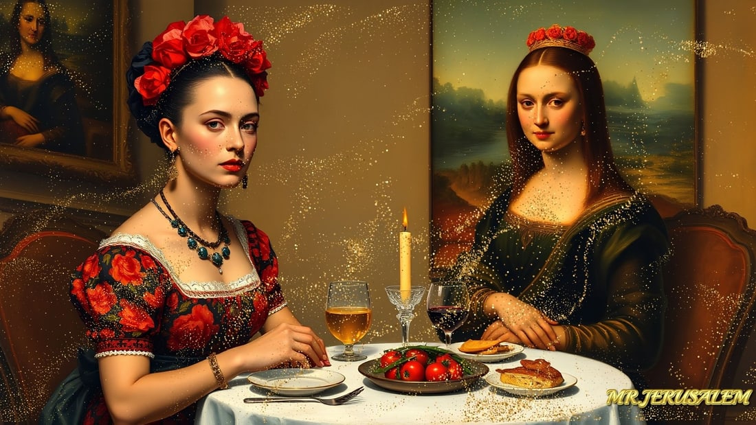 Frida Kahlo - Dinner With Mona Lisa-D1, Limited Edition of 50 Pieces, Signed & Numbered: Please note the images you see here for the artworks is protected with artist name in gold & gold glitter watermark. The original artworks will be unique and one-of-a-kind, hand painted with glue