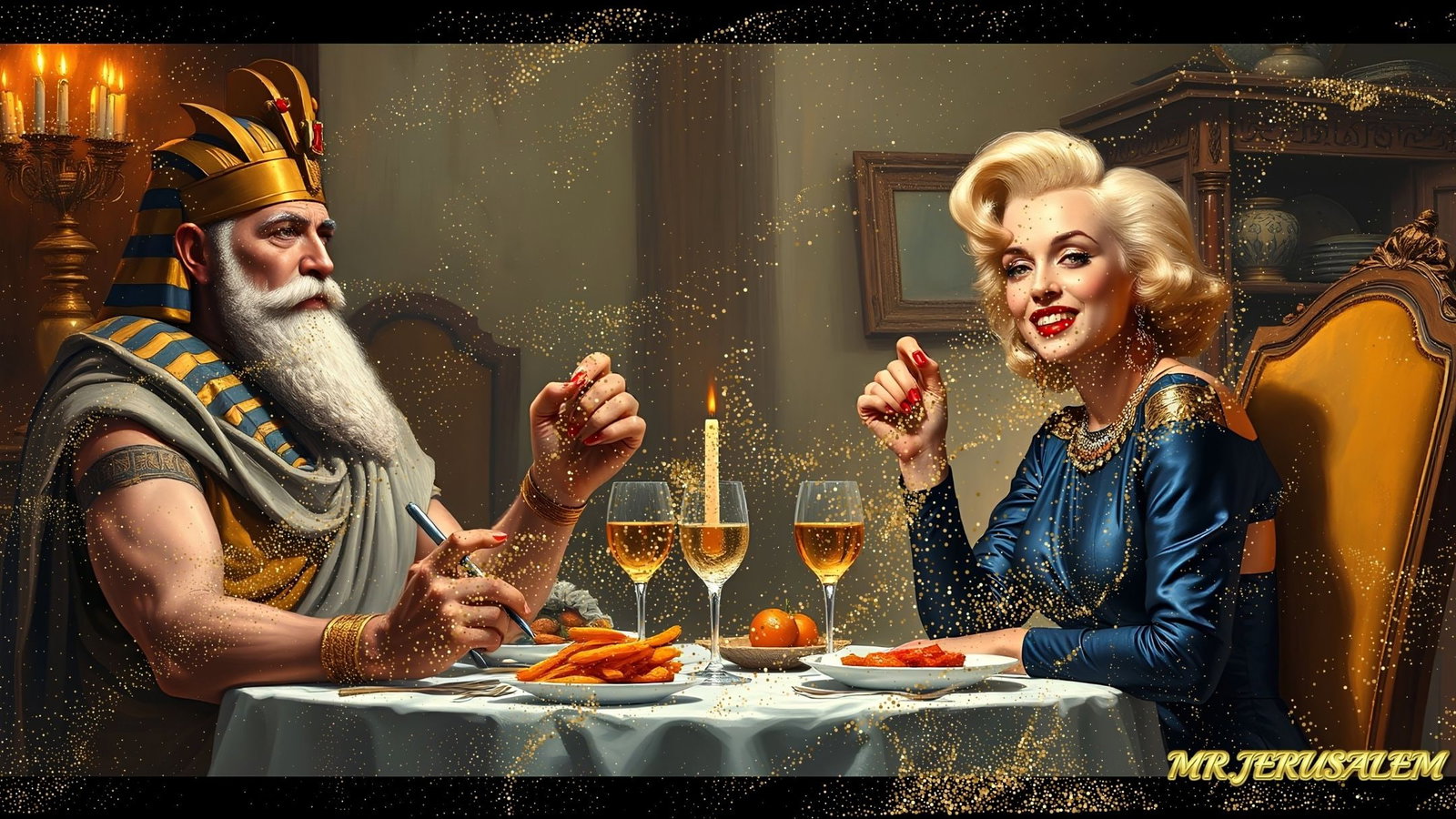 Mosses - Dinner With Marilyn Monroe-D2, Limited Edition of 50 Pieces, Signed & Numbered: Please note the images you see here for the artworks is protected with artist name in gold & gold glitter watermark. The original artworks will be unique and one-of-a-kind, hand painted with glue