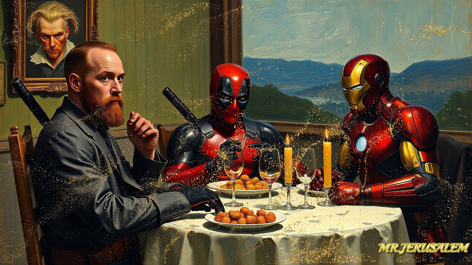 Vincent Van Gogh Dinner With Deadpool & Ironman, Limited Edition of 50 Pieces: Please note the images you see here for the artworks is protected with artist name in gold & gold glitter watermark. The original artworks will be unique and one-of-a-kind, hand painted with glue