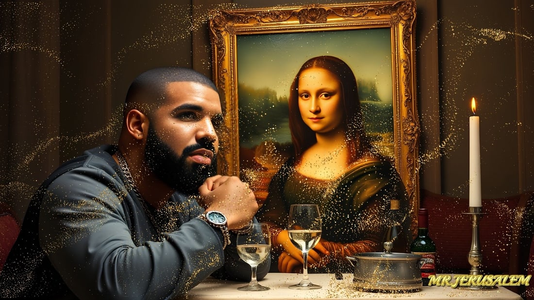 Drake - Dinner With Mona Lisa-D2, Limited Edition of 50 Pieces, Signed & Numbered: Please note the images you see here for the artworks is protected with artist name in gold & gold glitter watermark. The original artworks will be unique and one-of-a-kind, hand painted with glue