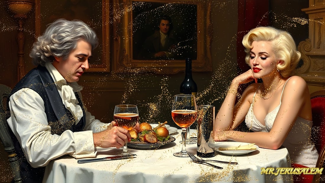 Beethoven - Dinner With Marilyn Monroe- D2, Limited Edition of 50 Pieces, Signed & Numbered: Please note the images you see here for the artworks is protected with artist name in gold & gold glitter watermark. The original artworks will be unique and one-of-a-kind, hand painted with glue