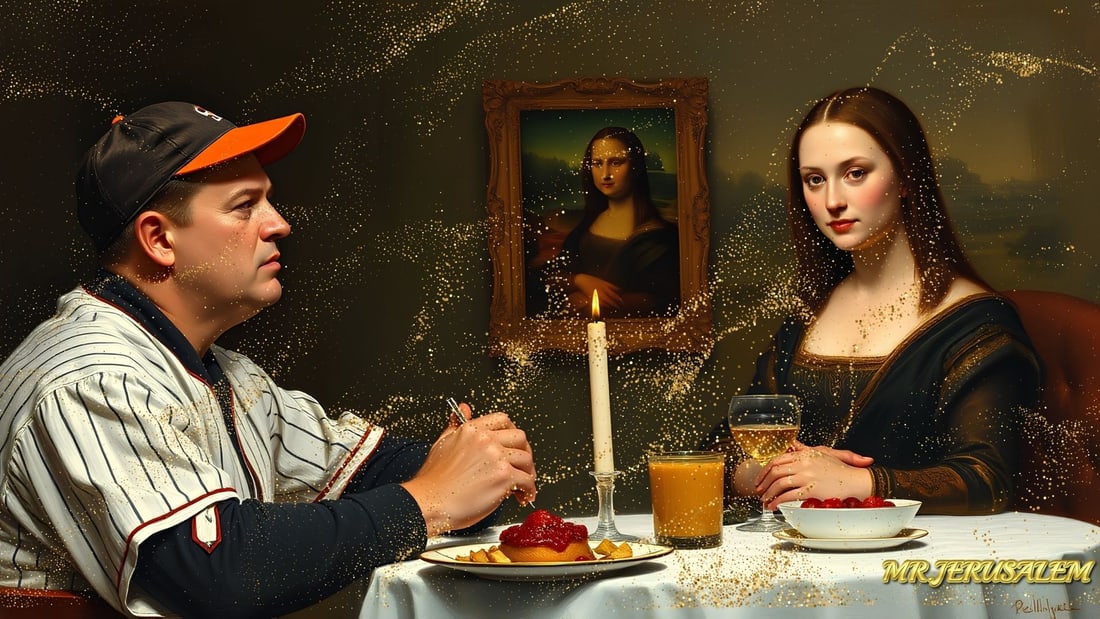 Babe Ruth - Dinner With Mona Lisa- D2, Limited Edition of 50 Pieces, Signed & Numbered: Please note the images you see here for the artworks is protected with artist name in gold & gold glitter watermark. The original artworks will be unique and one-of-a-kind, hand painted with glue 