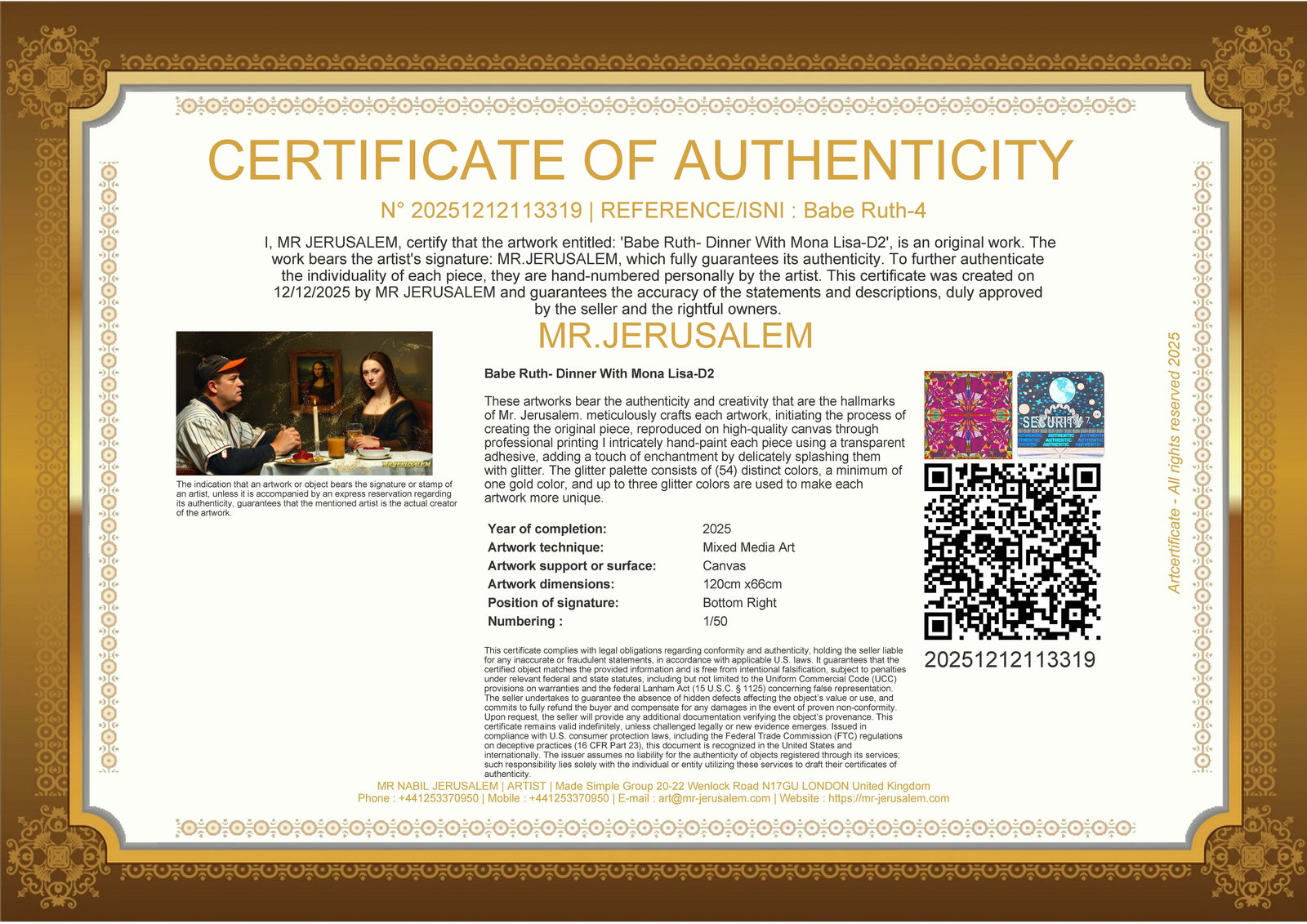 Babe Ruth - Dinner With Mona Lisa- D2, Limited Edition of 50 Pieces, Signed & Numbered - 3