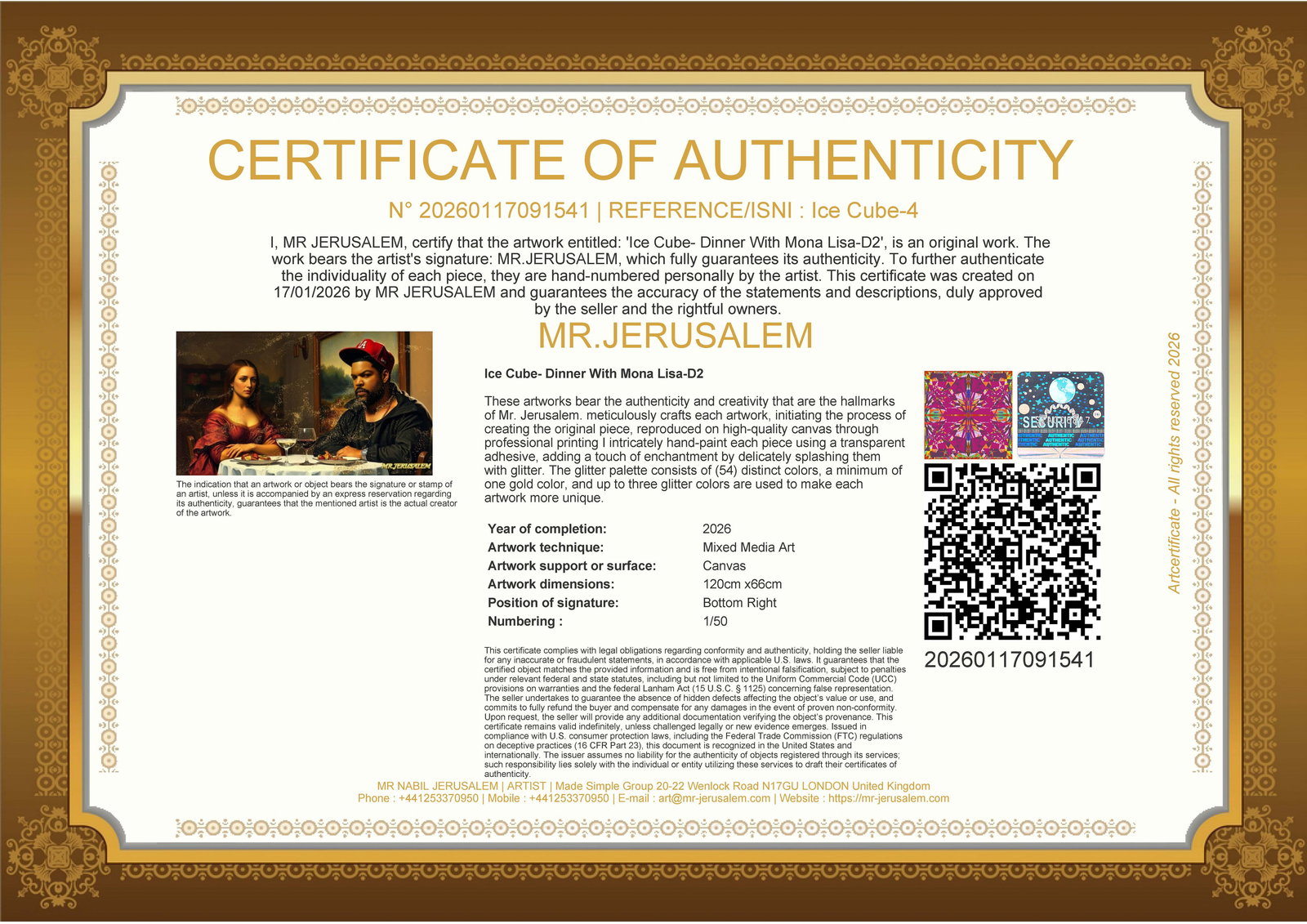 Ice Cube - Dinner With Mona Lisa-D2, Limited Edition of 50 Pieces, Signed & Numbered - 3
