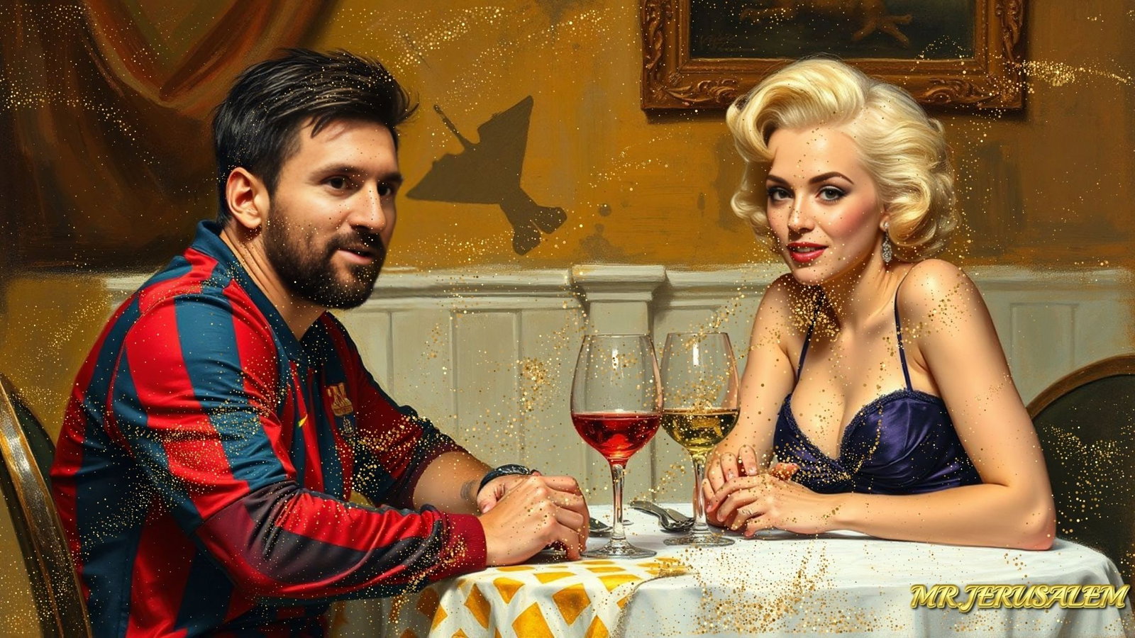Lionel Messi - Dinner With Marilyn Monroe-D1, Limited Edition of 50 Pieces, Signed & Numbered: Please note the images you see here for the artworks is protected with artist name in gold & gold glitter watermark. The original artworks will be unique and one-of-a-kind, hand painted with glue