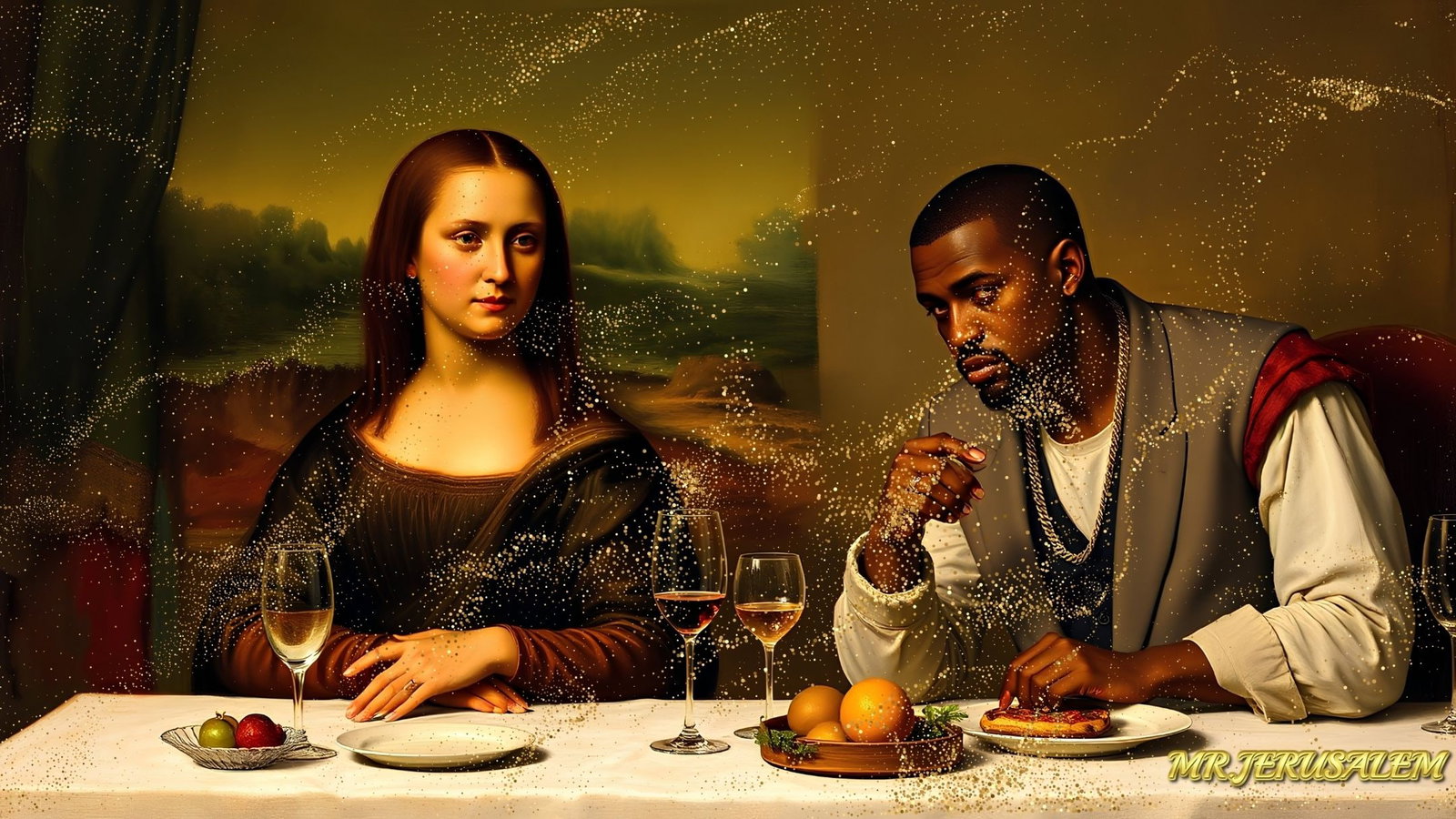 Kanye West Ye - Dinner With Mona Lisa-D1, Limited Edition of 50 Pieces, Signed & Numbered: Please note the images you see here for the artworks is protected with artist name in gold & gold glitter watermark. The original artworks will be unique and one-of-a-kind, hand painted with glue 