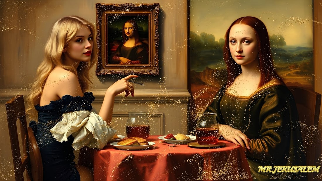 Britney Spears- Dinner With Mona Lisa-D2, Limited Edition of 50 Pieces, Signed & Numbered: Please note the images you see here for the artworks is protected with artist name in gold & gold glitter watermark. The original artworks will be unique and one-of-a-kind, hand painted with glue 