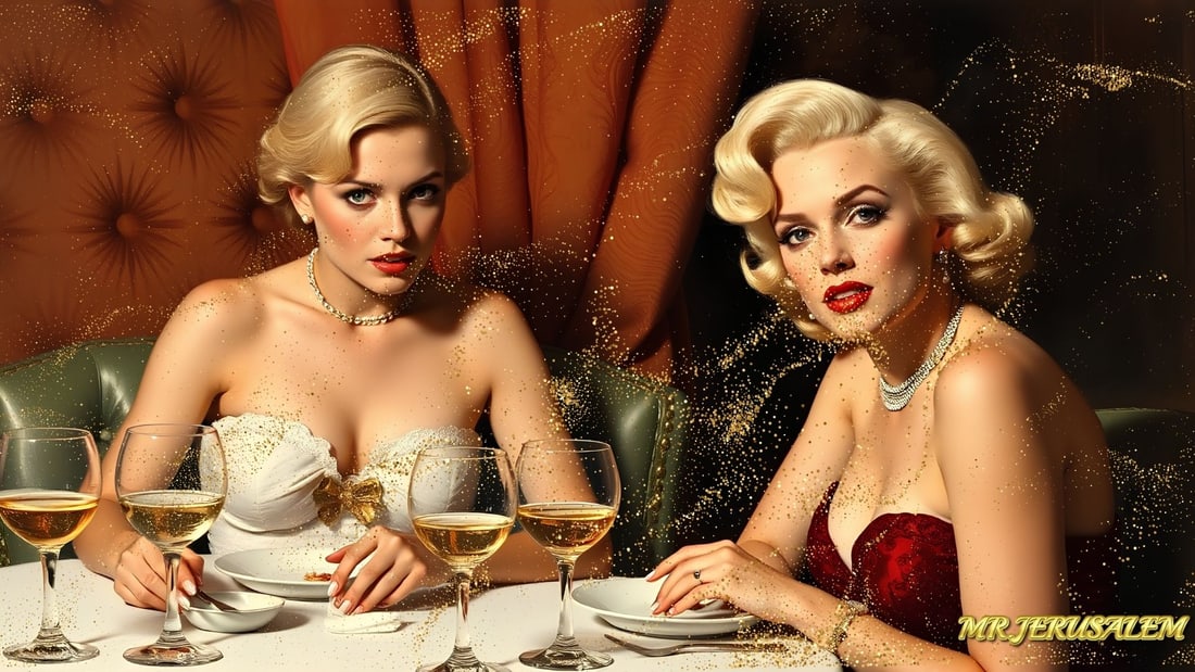 Britney Spears - Dinner With Marilyn Monroe-D2, Limited Edition of 50 Pieces, Signed & Numbered: Please note the images you see here for the artworks is protected with artist name in gold & gold glitter watermark. The original artworks will be unique and one-of-a-kind, hand painted with glue 
