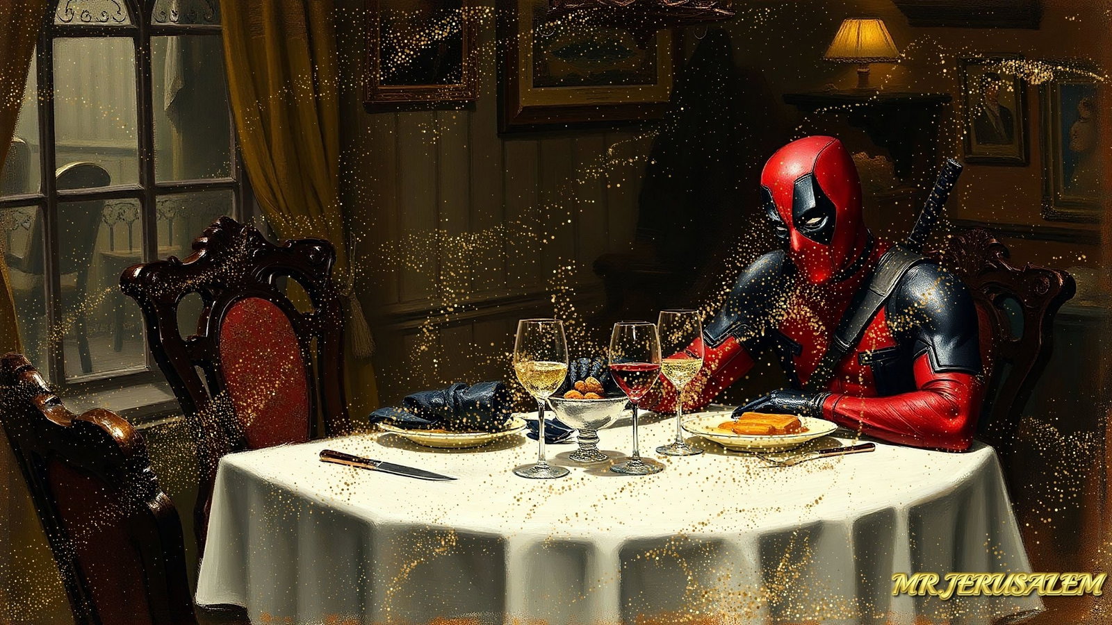 Deadpool Dinner Alone-D2, Canvas Mixed Media, Limited Edition of 50 Pieces: Please note the images you see here for the artworks is protected with artist name in gold & gold glitter watermark. The original artworks will be unique and one-of-a-kind, hand painted with glue
