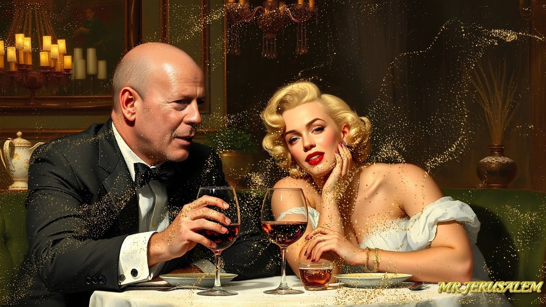 Bruce Willis - Dinner With Marilyn Monroe-D2, Limited Edition of 50 Pieces, Signed & Numbered: Please note the images you see here for the artworks is protected with artist name in gold & gold glitter watermark. The original artworks will be unique and one-of-a-kind, hand painted with glue