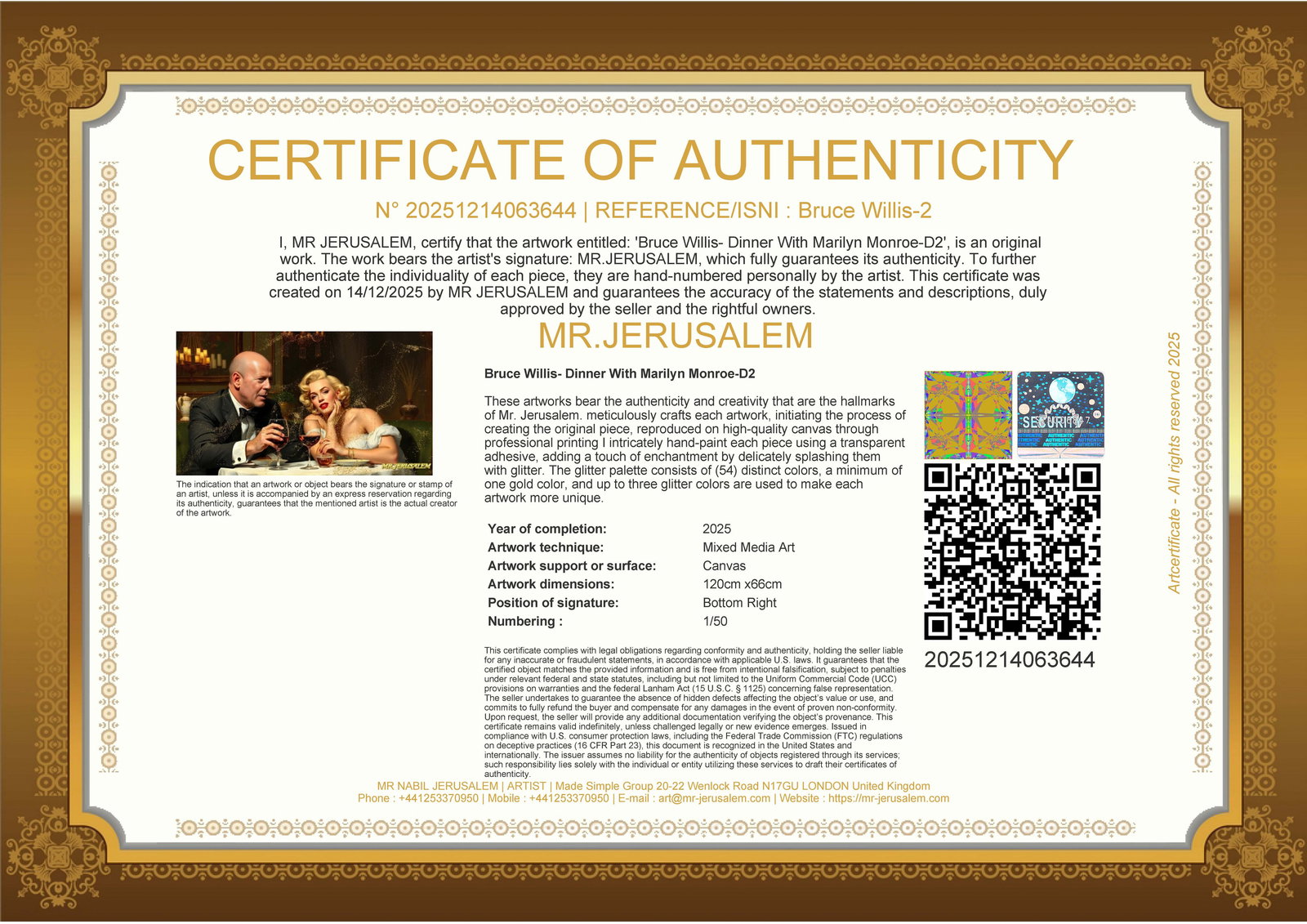 Bruce Willis - Dinner With Marilyn Monroe-D2, Limited Edition of 50 Pieces, Signed & Numbered - 3