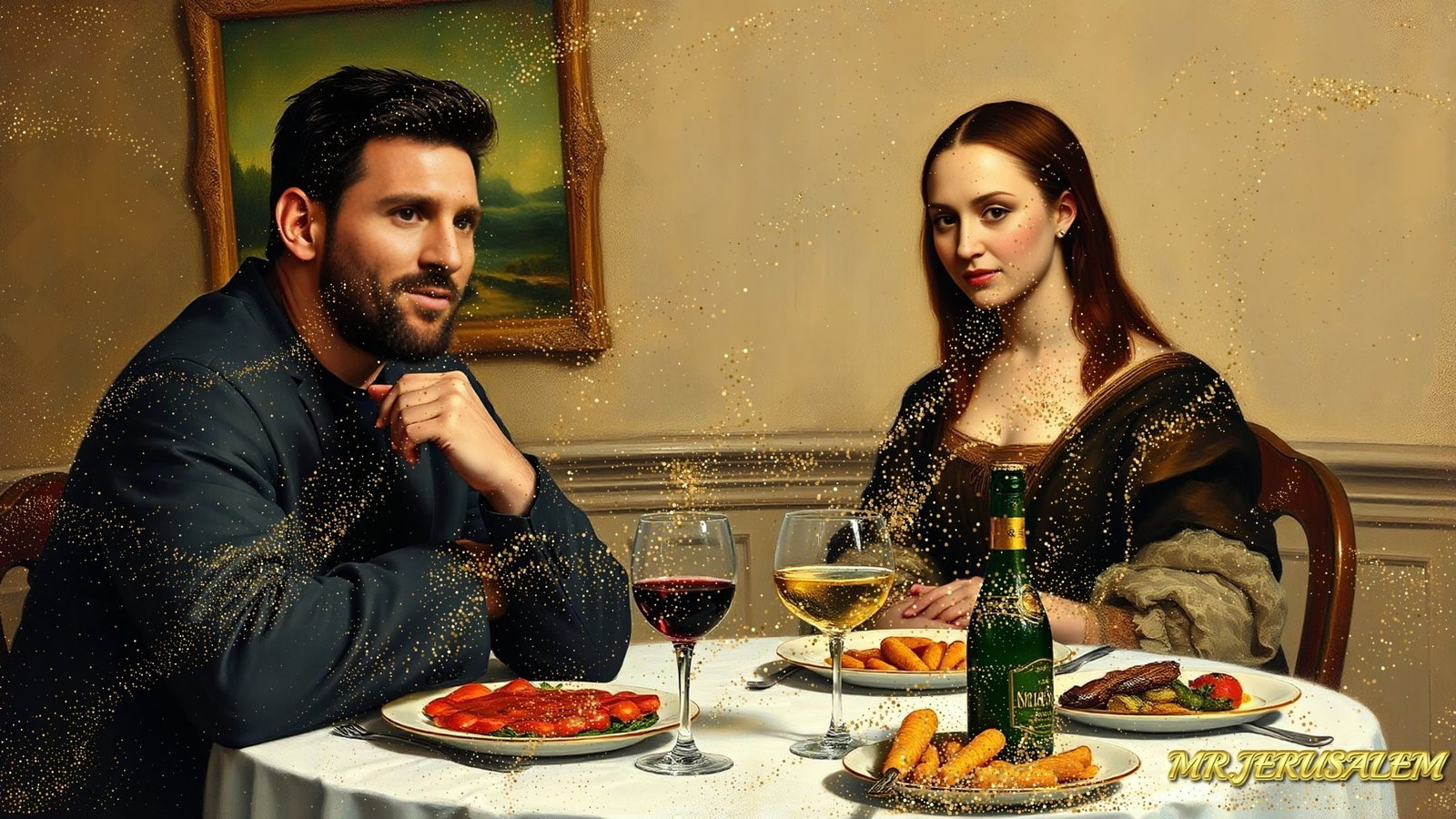 Lionel Messi - Dinner With Mona Lisa-D2, Limited Edition of 50 Pieces, Signed & Numbered: Please note the images you see here for the artworks is protected with artist name in gold & gold glitter watermark. The original artworks will be unique and one-of-a-kind, hand painted with glue