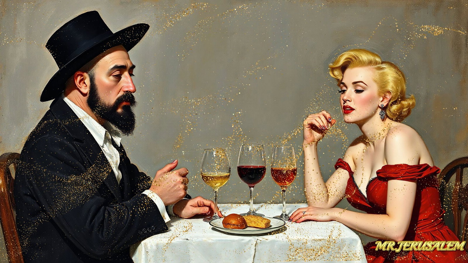 Paul Cezanne - Dinner With Marilyn Monroe-D2, Limited Edition of 50 Pieces, Signed & Numbered: Please note the images you see here for the artworks is protected with artist name in gold & gold glitter watermark. The original artworks will be unique and one-of-a-kind, hand painted with glue